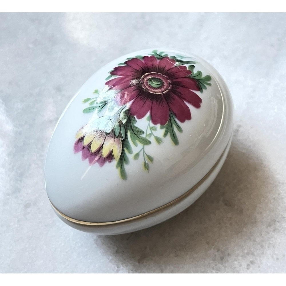 Chamart France Egg Shaped Trinket Box Pink Red‎ Flower